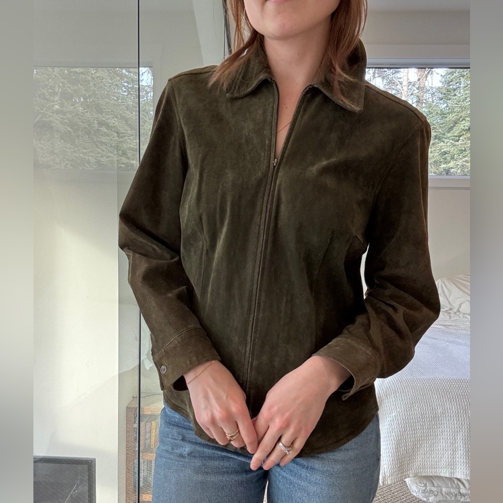 100% suede Jones New York Olive Leather Jacket - Picture 5 of 10
